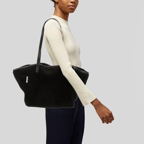 Neiman Marcus Faux Shearling Reversible Vegan Leather Black Tote Bag Luxury - Picture 2 of 15